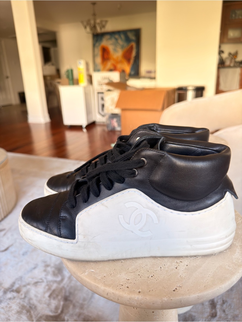 CHANEL Black and White Leather High-Top Sneakers